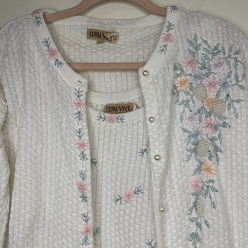Sm VTG L’eru Vive Sweater Set Floral Beaded Cardigan & Tank Coquette Grannycore - Picture 6 of 8